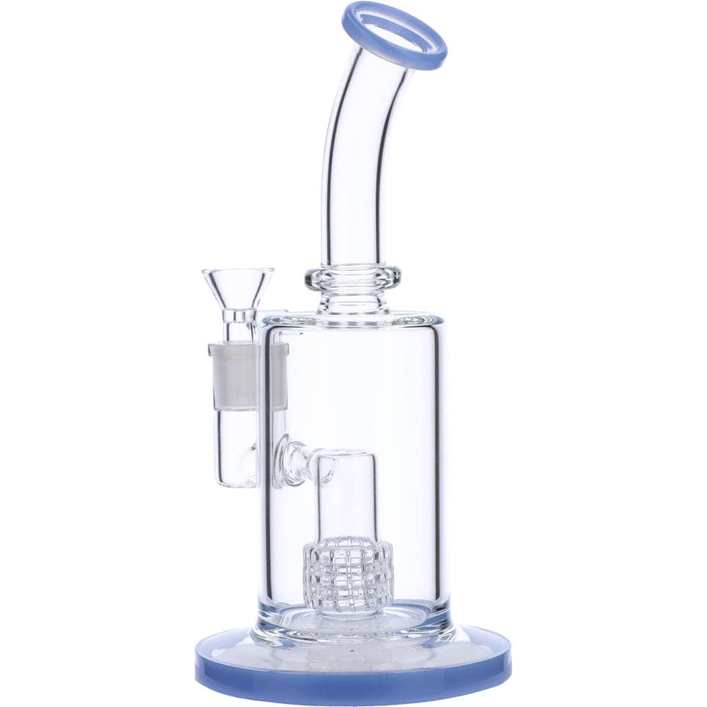 Front view of the Bent Neck Water Pipe w/Matrix, showing a clear glass pipe with a blue base and bent neck.