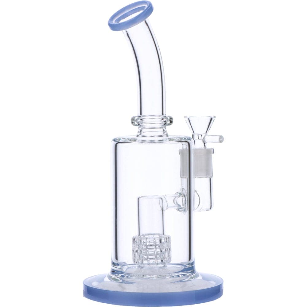 Front view of the Bent Neck Water Pipe w/Matrix, showing a clear glass pipe with a blue base and gently curved neck.