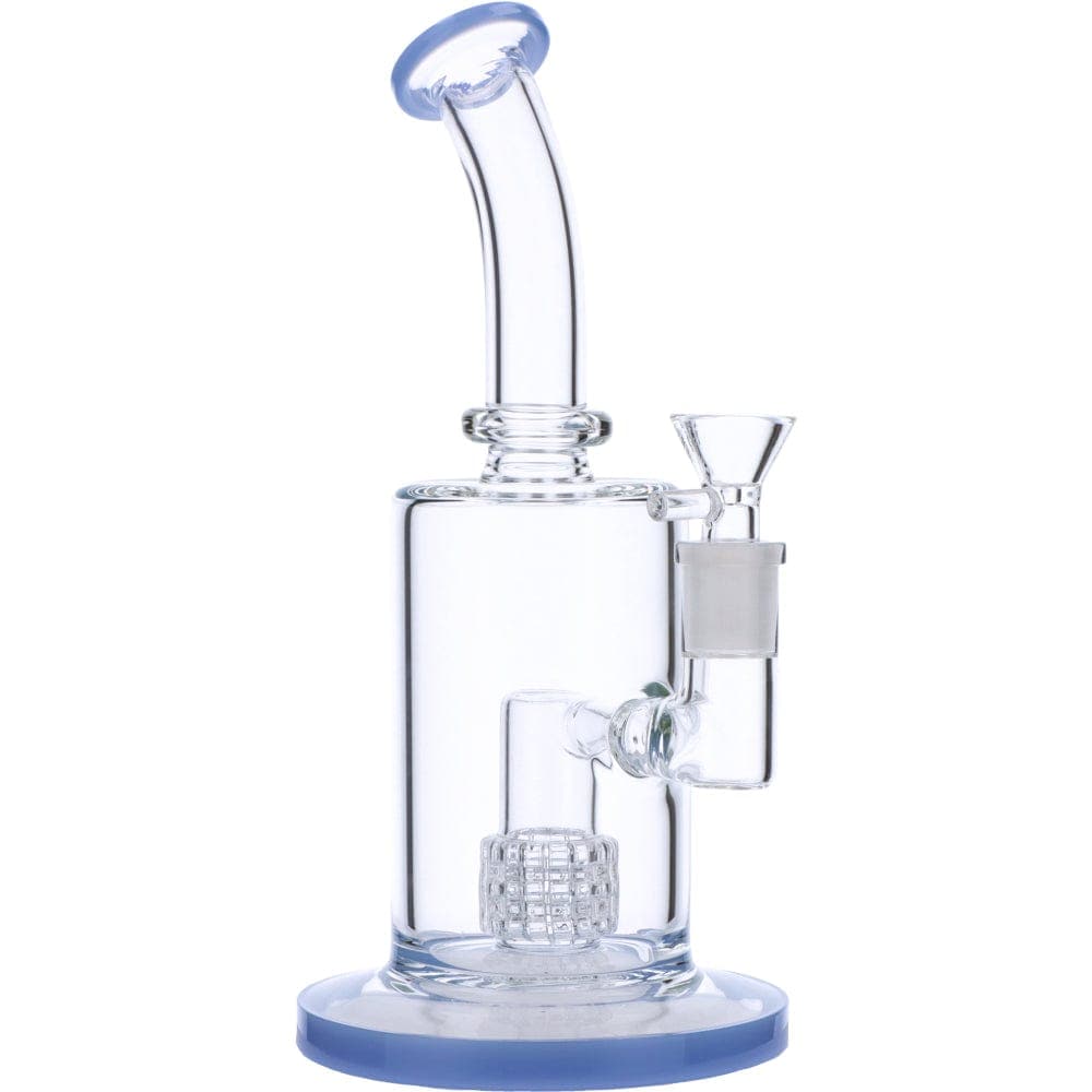 Front view of the Bent Neck Water Pipe w/Matrix, showcasing its clear glass construction and blue accent base.