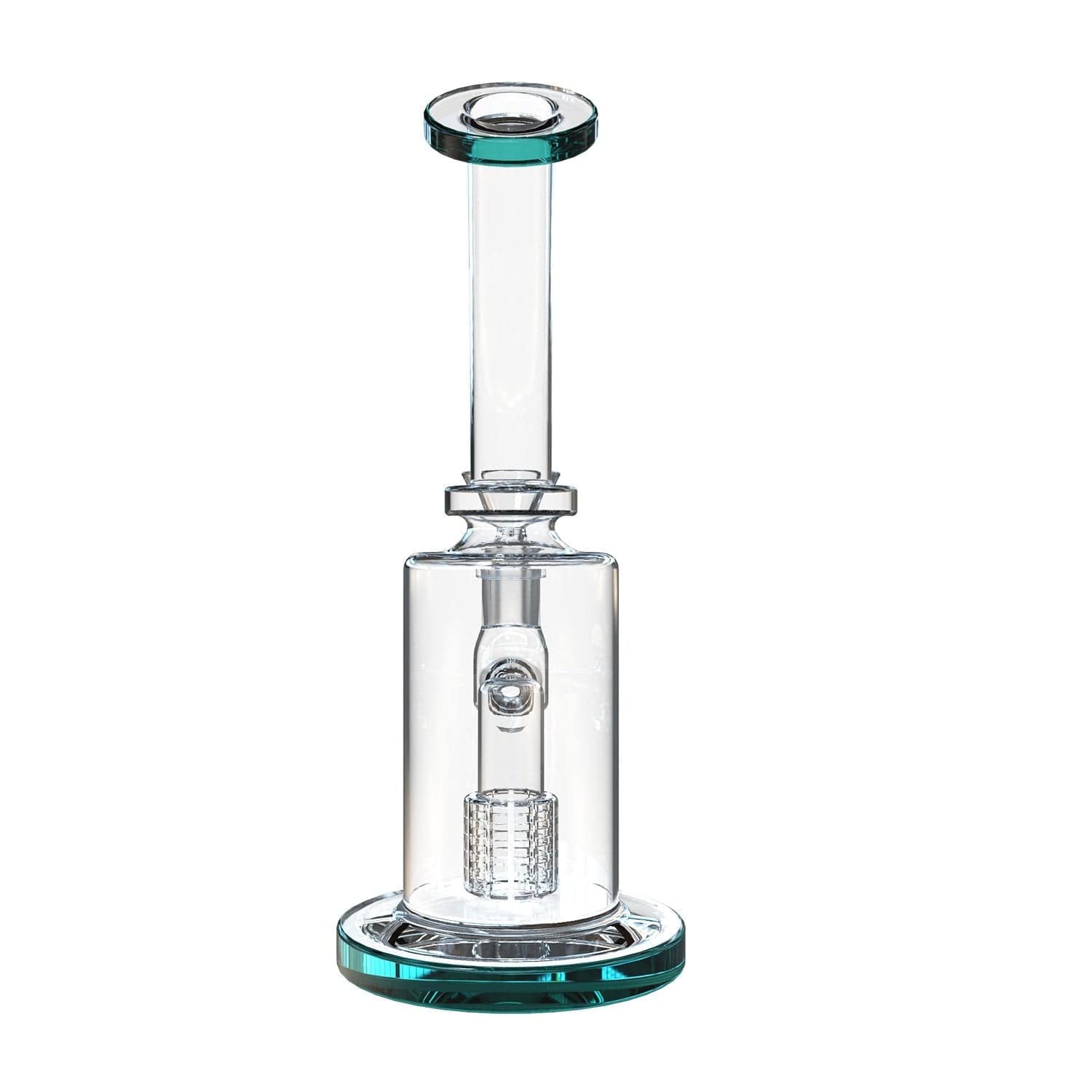 A straight-on view of the Bent Neck Water Pipe w/Matrix, displaying its clear glass construction and gently curved neck.