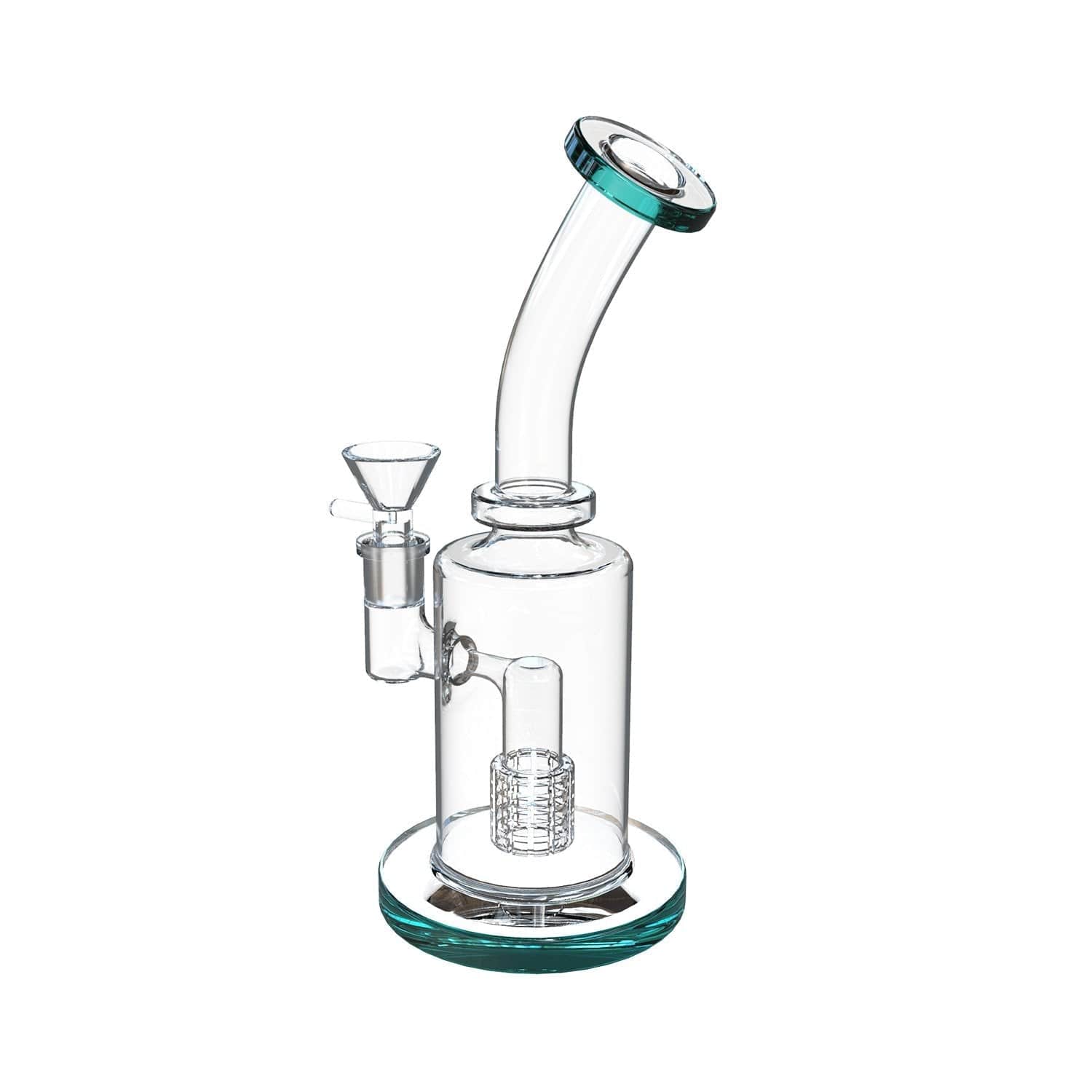 Front view of the Bent Neck Water Pipe w/Matrix, showcasing its clear glass construction and gently curved neck design.