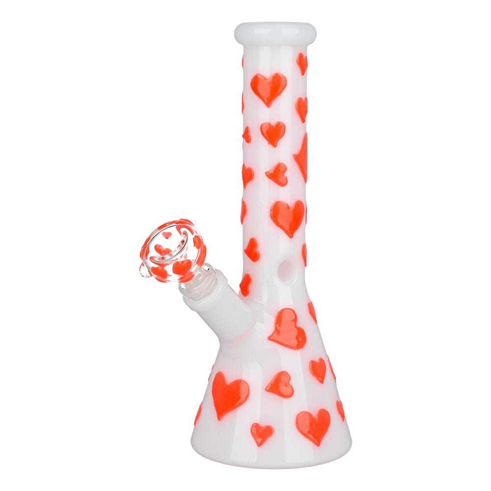 Front view of the 10" Valentines Day Heart Glow In The Dark Beaker Water Pipe, showcasing a clear glass beaker with red heart patterns.