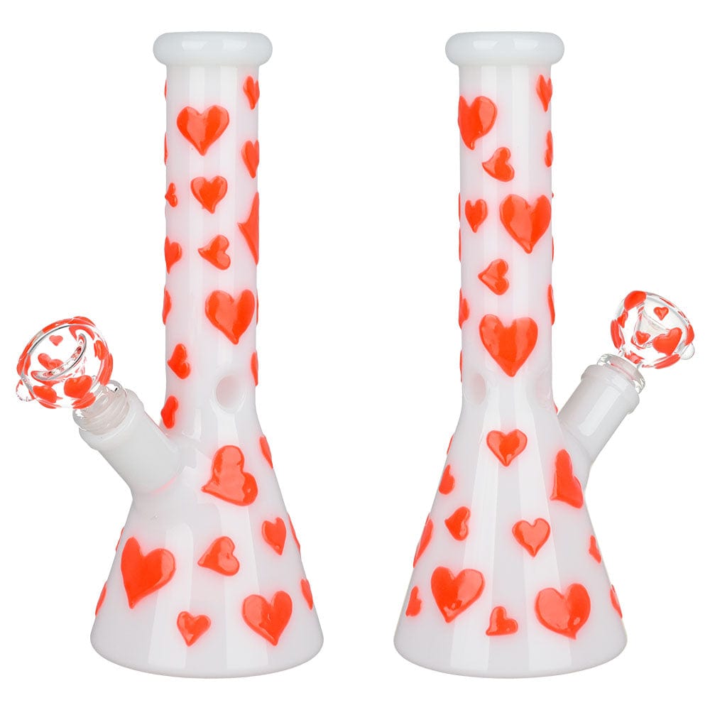 Front view of the 10" Valentines Day Heart Glow In The Dark Beaker Water Pipe, showcasing a heart pattern on clear glass.