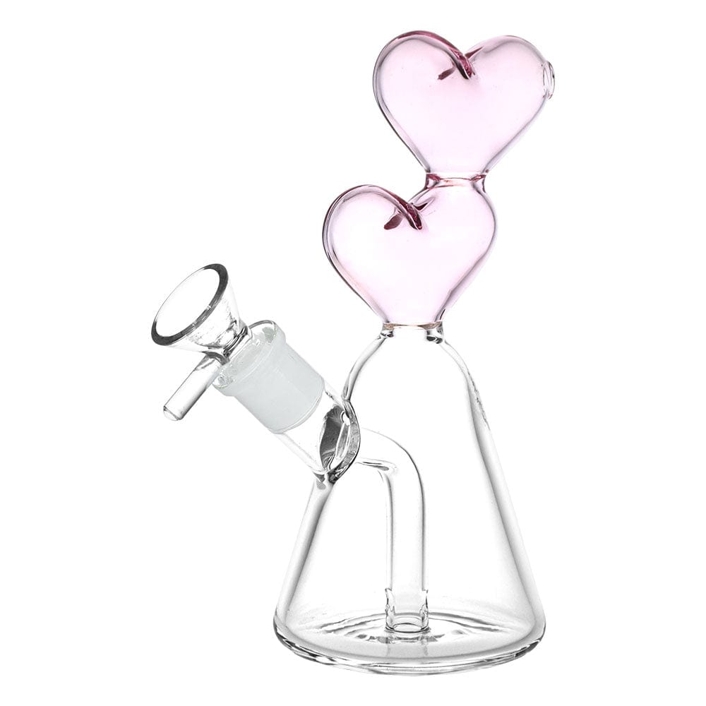 A front view of the 6" Hearts Converge Glass Water Pipe, showcasing the clear glass design and unique heart-shaped arrangement.