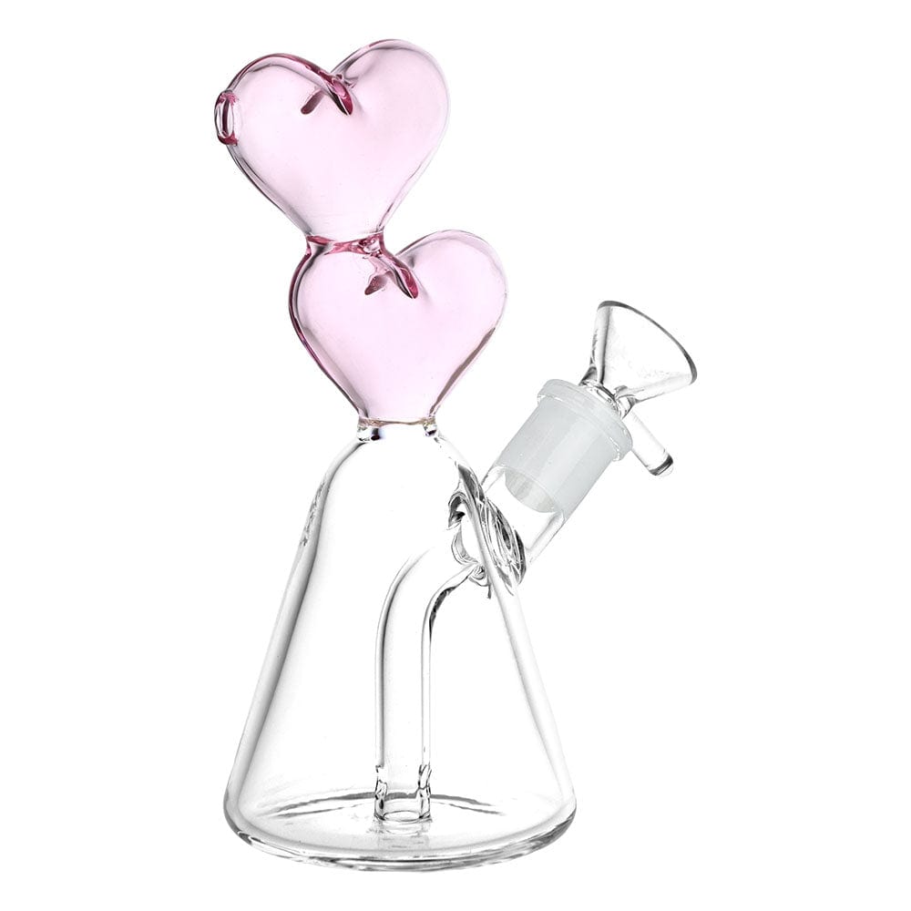 A front view of the 6" Hearts Converge Glass Water Pipe, showcasing a clear glass pipe with heart-shaped designs.