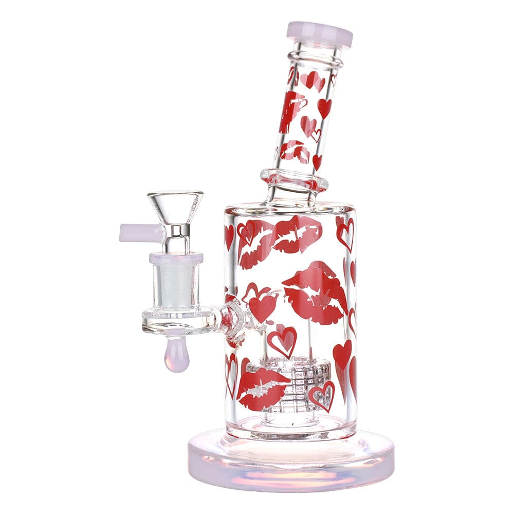 Front view of the 8" Lipstick Kiss Glass Water Pipe, featuring red kiss patterns on clear glass, with a rounded base and angled neck.