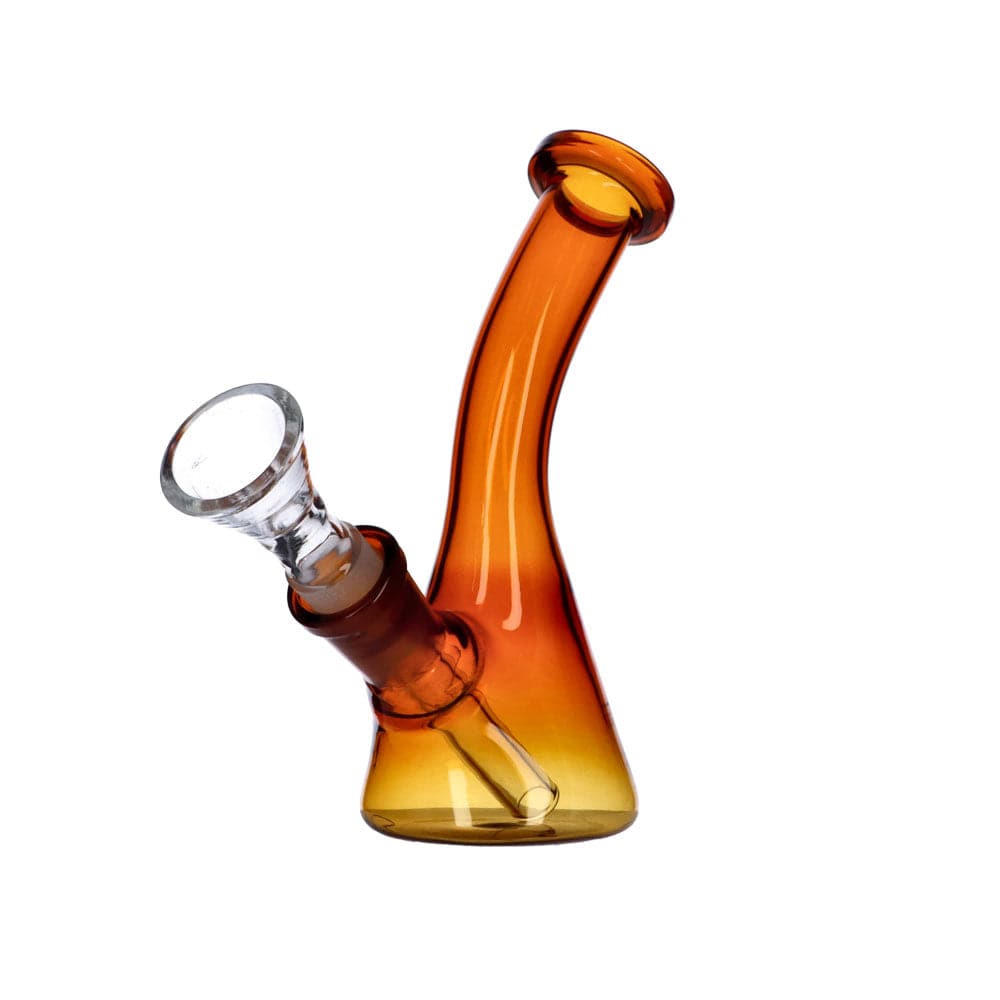 A front view of the Everyday Essentials 5" Bent Neck Beaker Water Pipe, showcasing its curved neck and amber-colored glass.