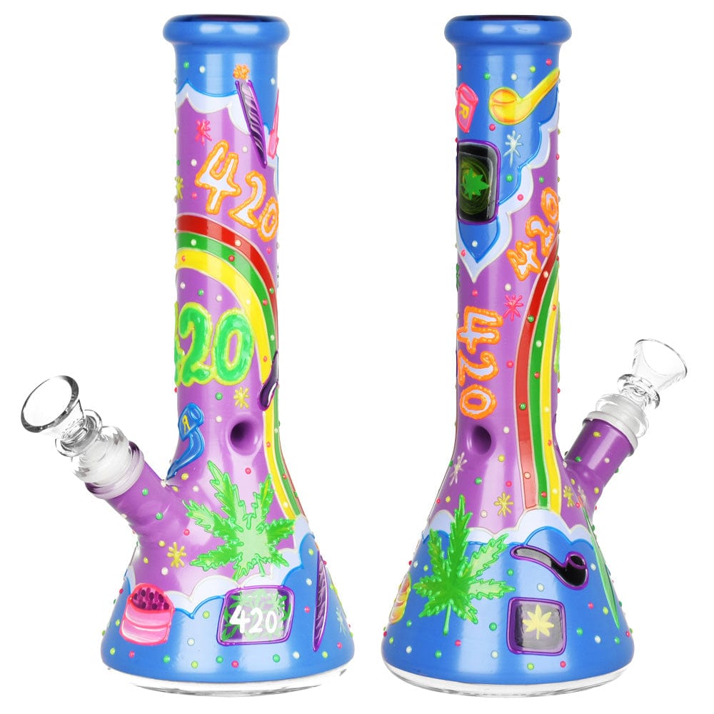 Front view of the 10-inch Beach Vibes 420 Painted Glass Beaker Water Pipe, featuring colorful painted designs on clear glass.