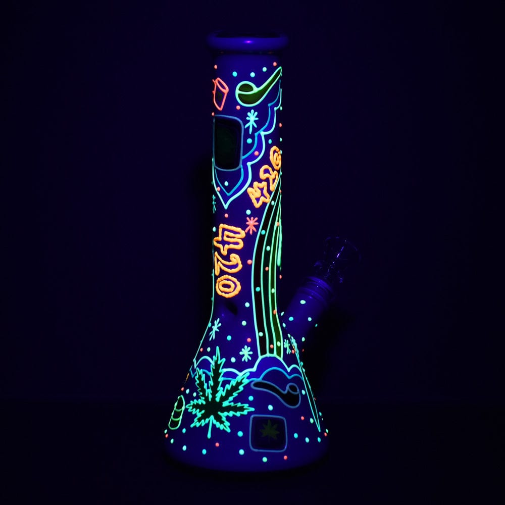 Front view of the 10-inch Beach Vibes 420 Painted Glass Beaker Water Pipe, featuring a colorful, artistic painted design.