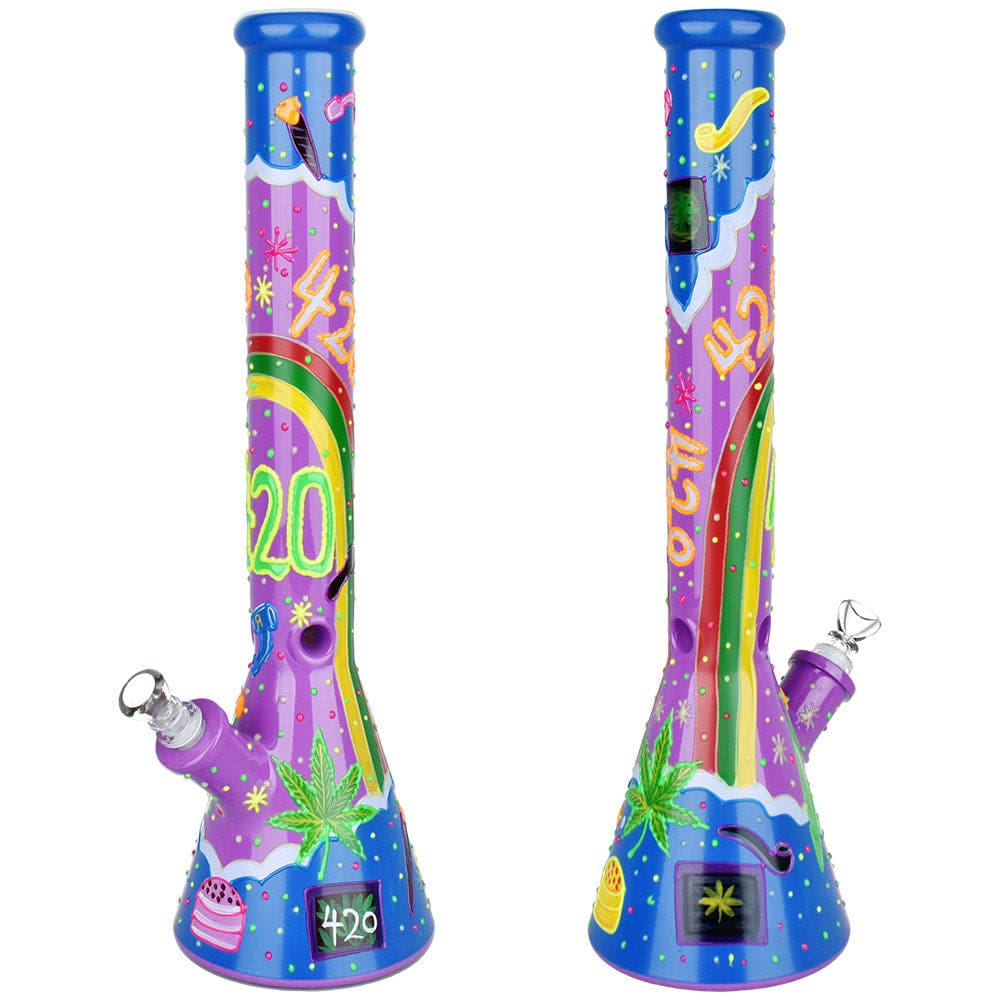 Front view of the 18-inch Beach Vibes 420 Painted Glass Beaker Water Pipe with vibrant painted details and a classic beaker shape.