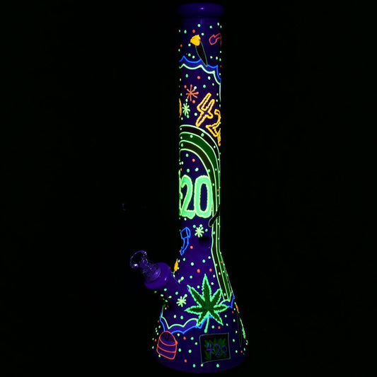 Front view of the 18-inch Beach Vibes 420 Painted Glass Beaker Water Pipe, showcasing colorful painted designs on clear glass.