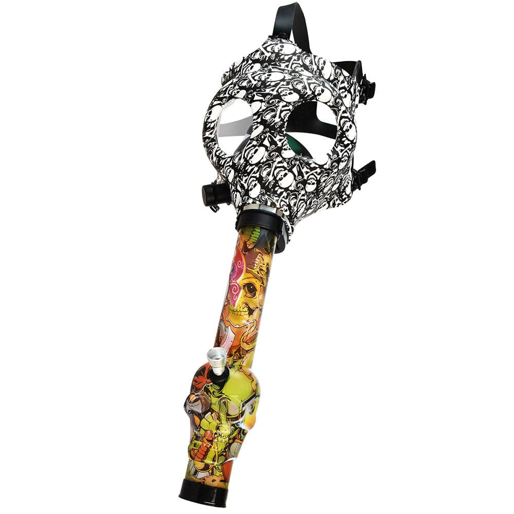 Front view of the Gas Mask w/ Acrylic Water Pipe - 10.25", showing a clear acrylic pipe encased in a black gas mask-style frame.