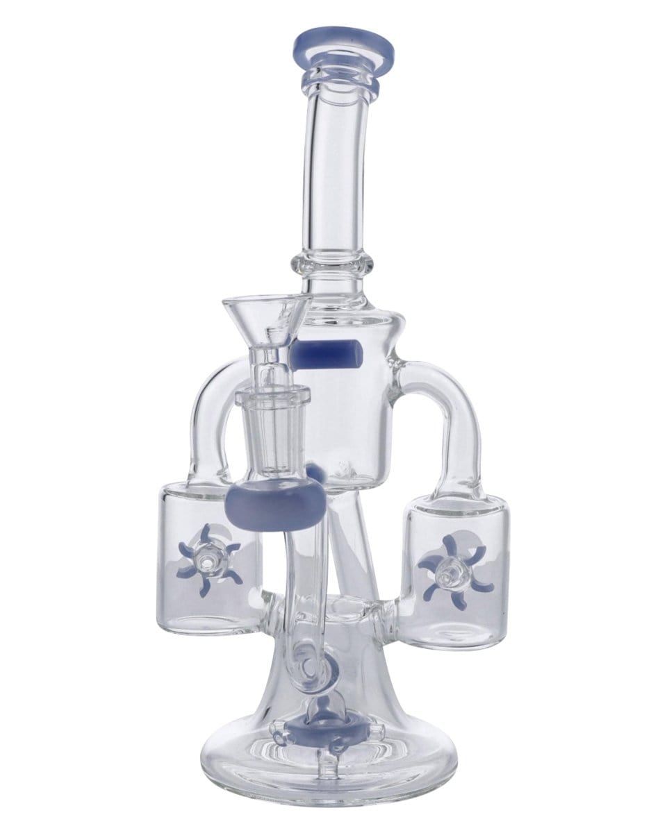 Front view of the Dual Propeller Perc Recycler Bong, showcasing its clear glass construction and unique dual-propeller perc design.