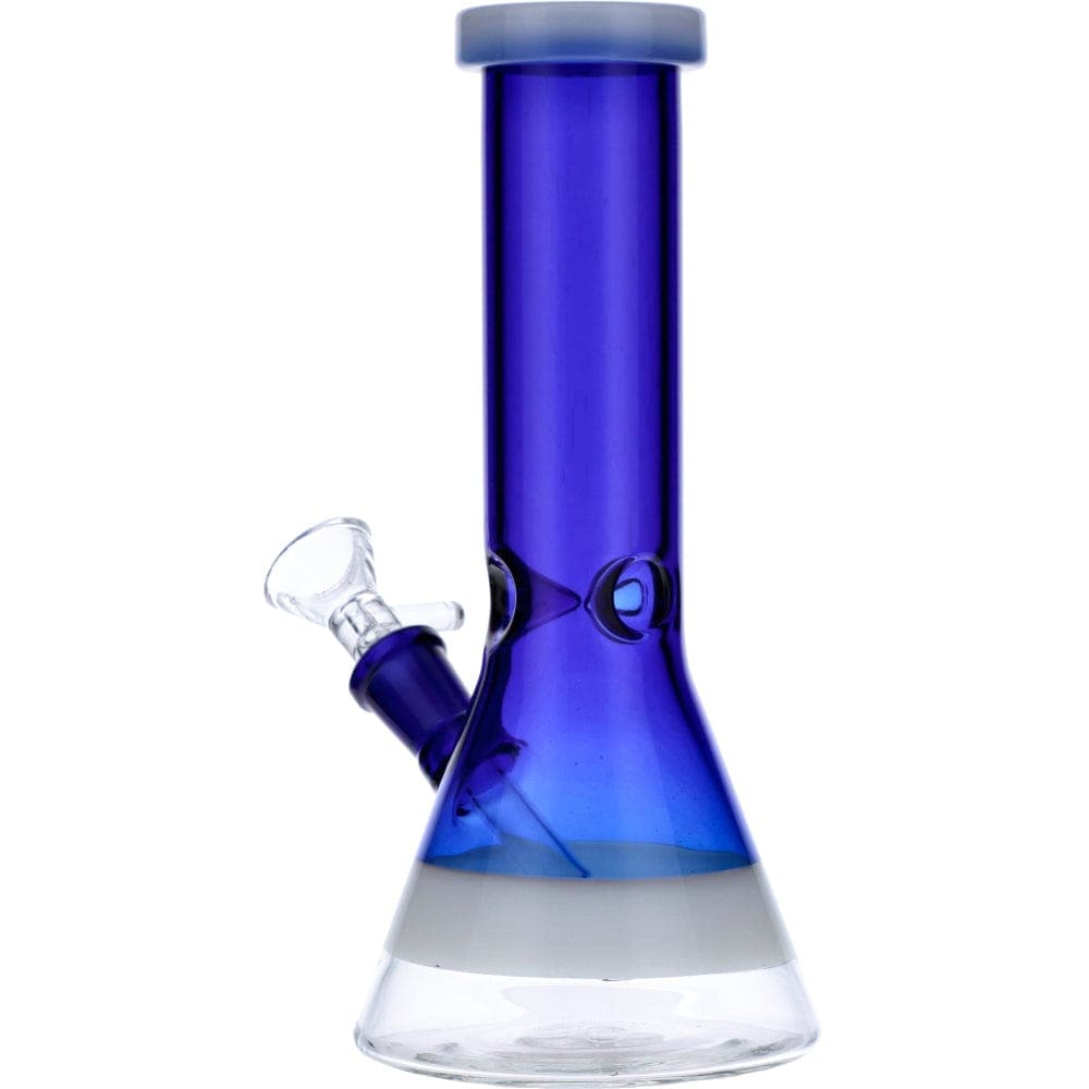 Front view of the Frosted Ring Mini Beaker, a blue glass beaker with a frosted ring near the base.