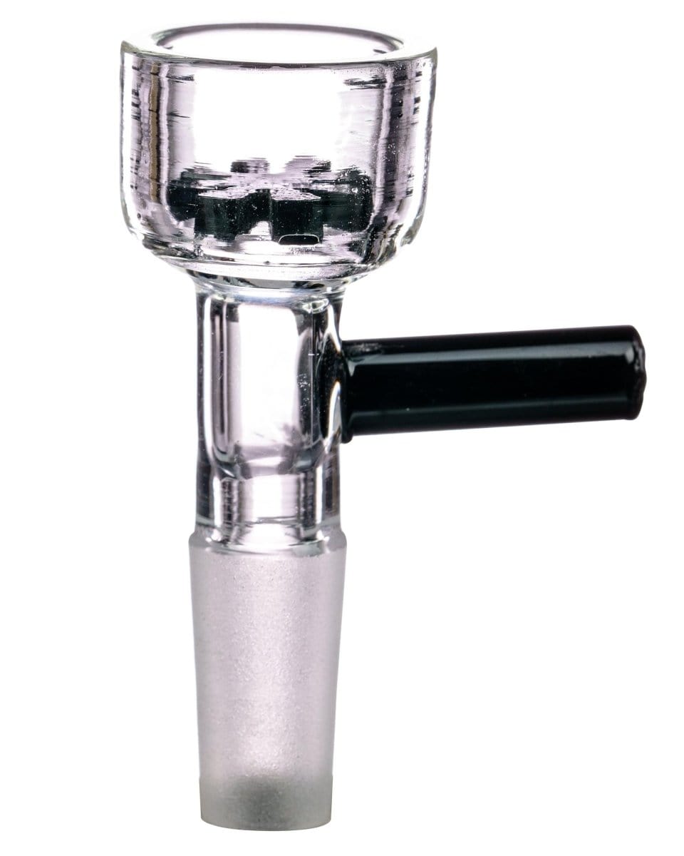 A close-up, angled view of the Screen Bowl, showcasing its clear glass construction and simple bowl shape.