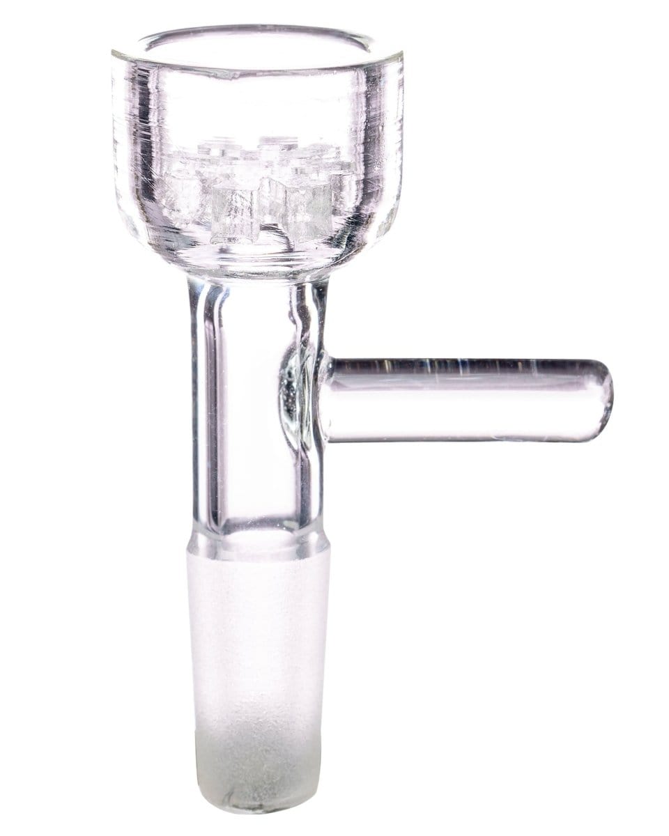 A close-up of the Screen Bowl, showing its clear glass construction and angled design.