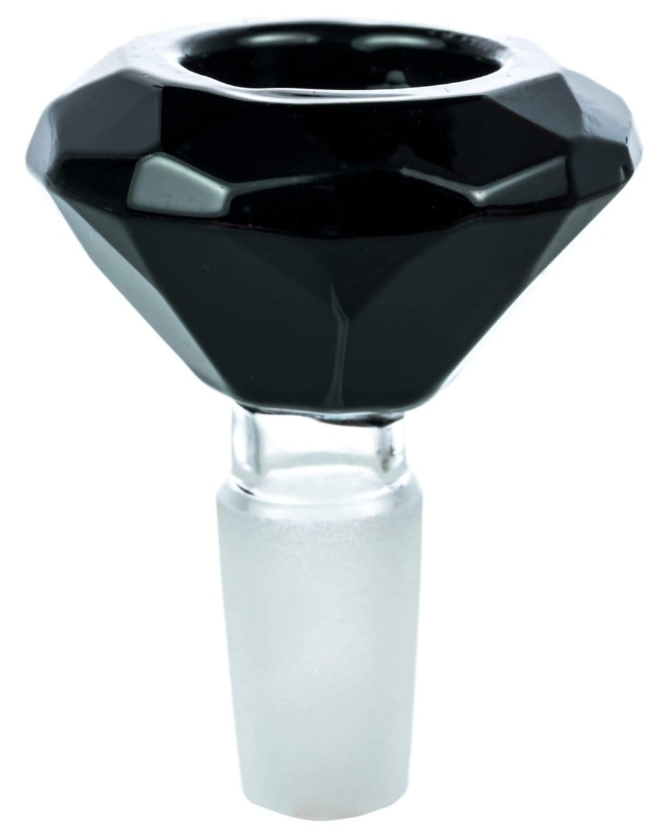 A detailed studio shot of the Diamond Bowl, featuring its faceted dark glass design and simple, elegant shape.