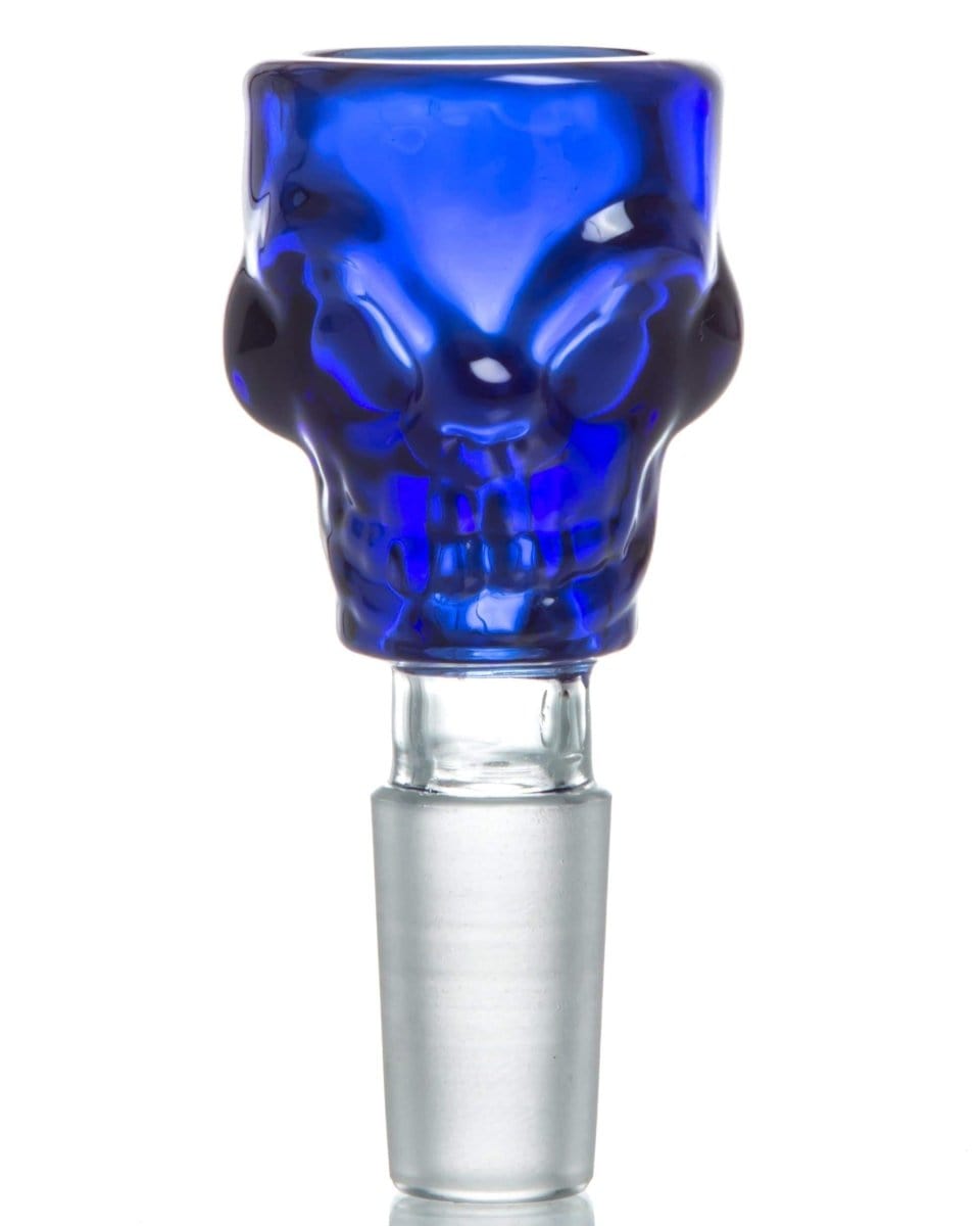 A close-up of the Skull Themed Male Replacement Bowl, showing the blue glass with a skull design and connecting joint.