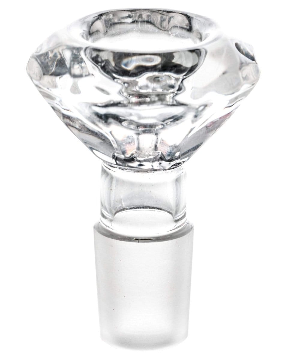 Front view of the Diamond Bowl, a clear glass piece with a rounded, faceted shape and a connecting joint.