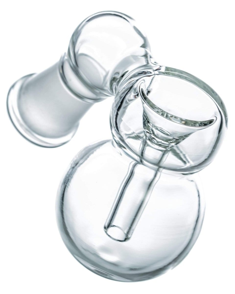 Close-up view of the Ashcatcher Bowl, a clear glass piece with a curved neck and visible joint connection.