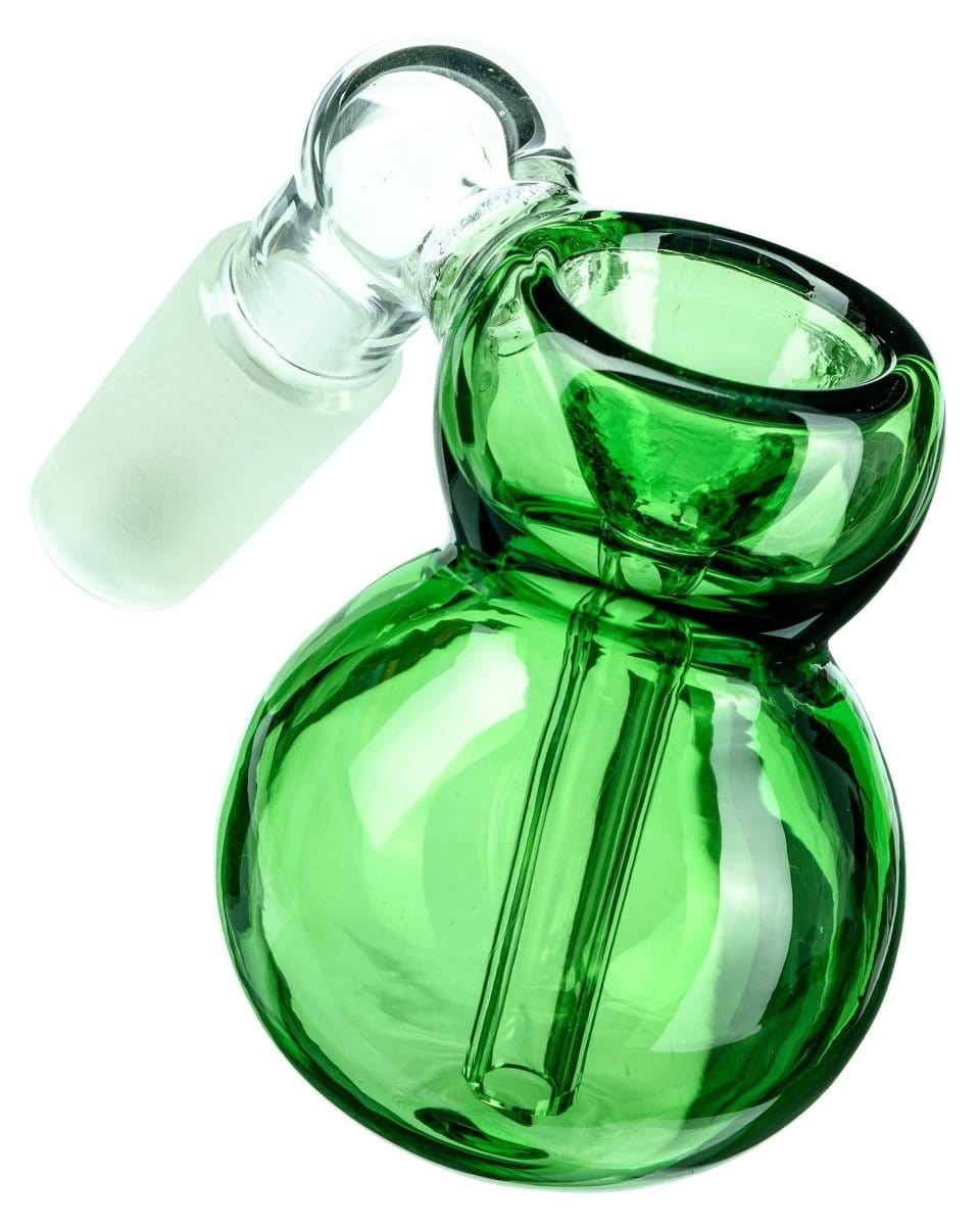 Front view of the Ashcatcher Bowl, a green glass piece with a curved neck and visible internal structure.