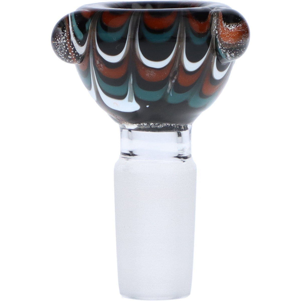 A close-up view of the 14mm Male Wig Wag Bubble Bowl, showcasing its colorful glass construction.