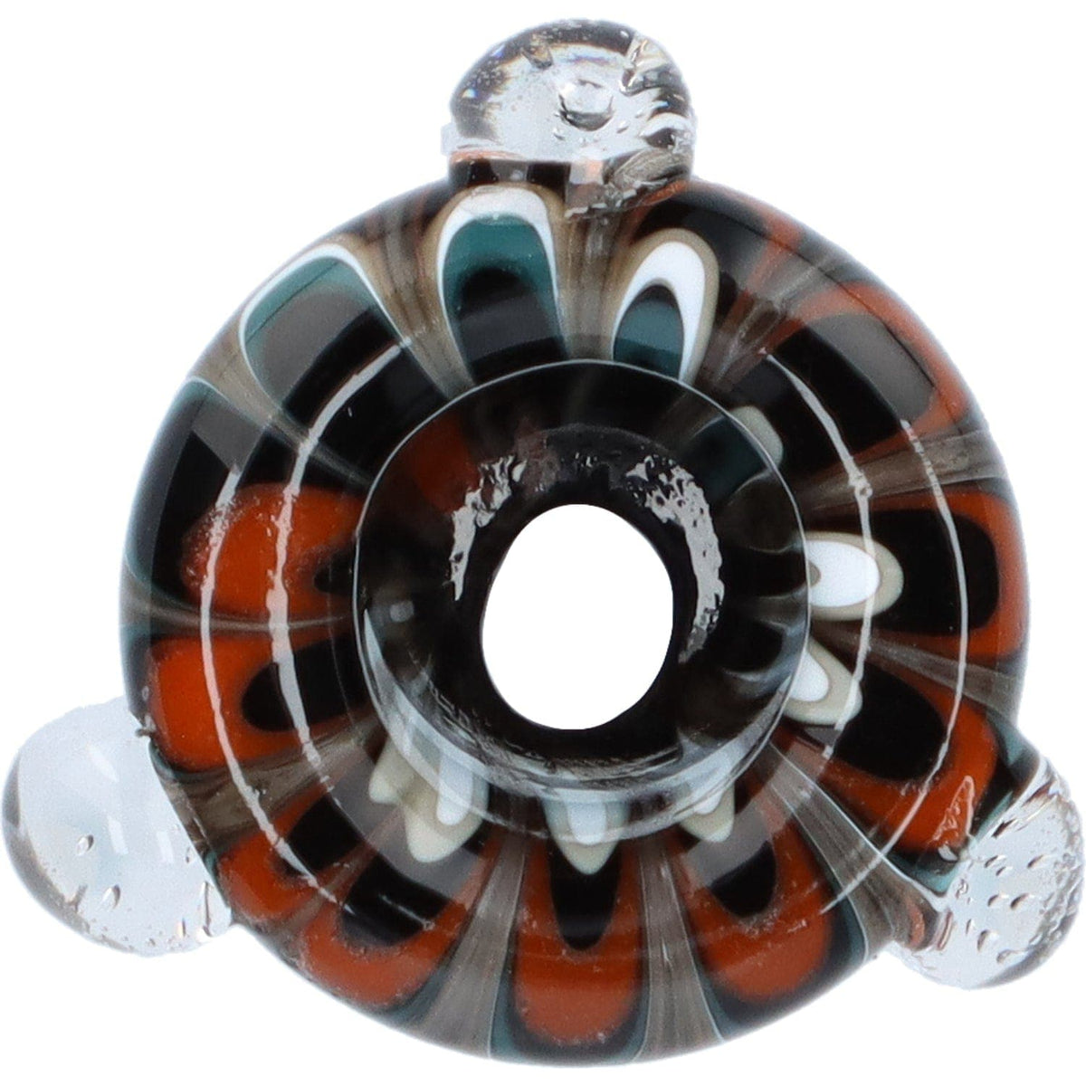 A close-up view of the 14mm Male Wig Wag Bubble Bowl, showing a swirling glass pattern and rounded bubble shape.