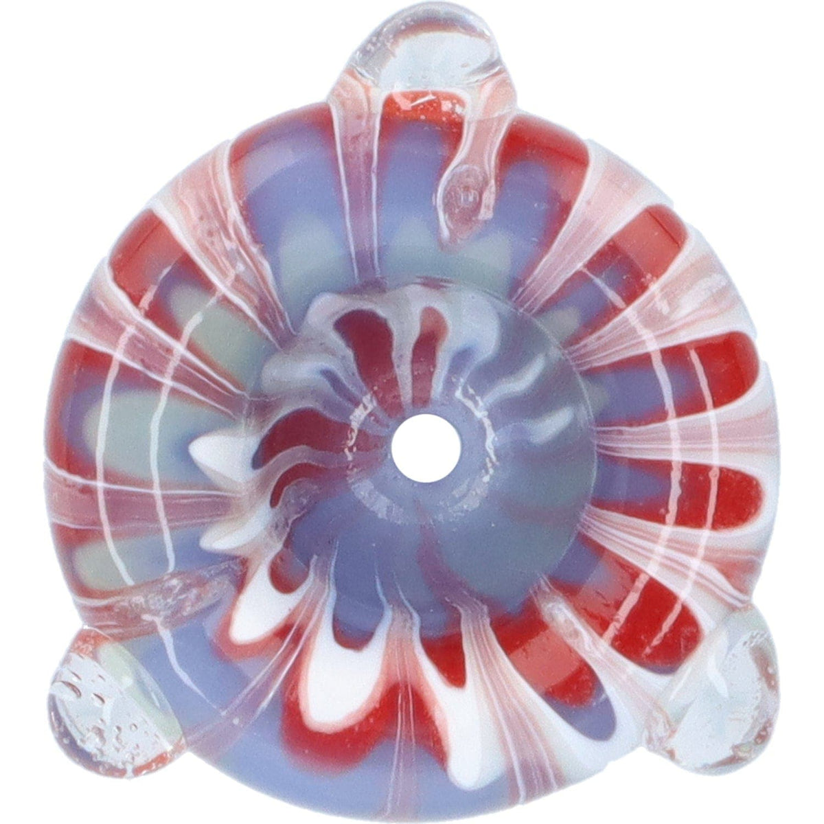 A close-up, angled view of the 14mm Male Wig Wag Bubble Bowl, showing a vibrant, swirling glass pattern.
