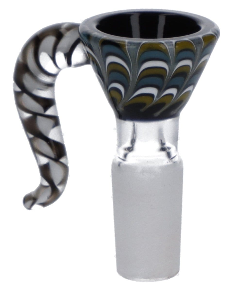 A close-up view of the 14mm Male Wig Wag Funnel Bowl, showing the patterned glass and angled perspective.