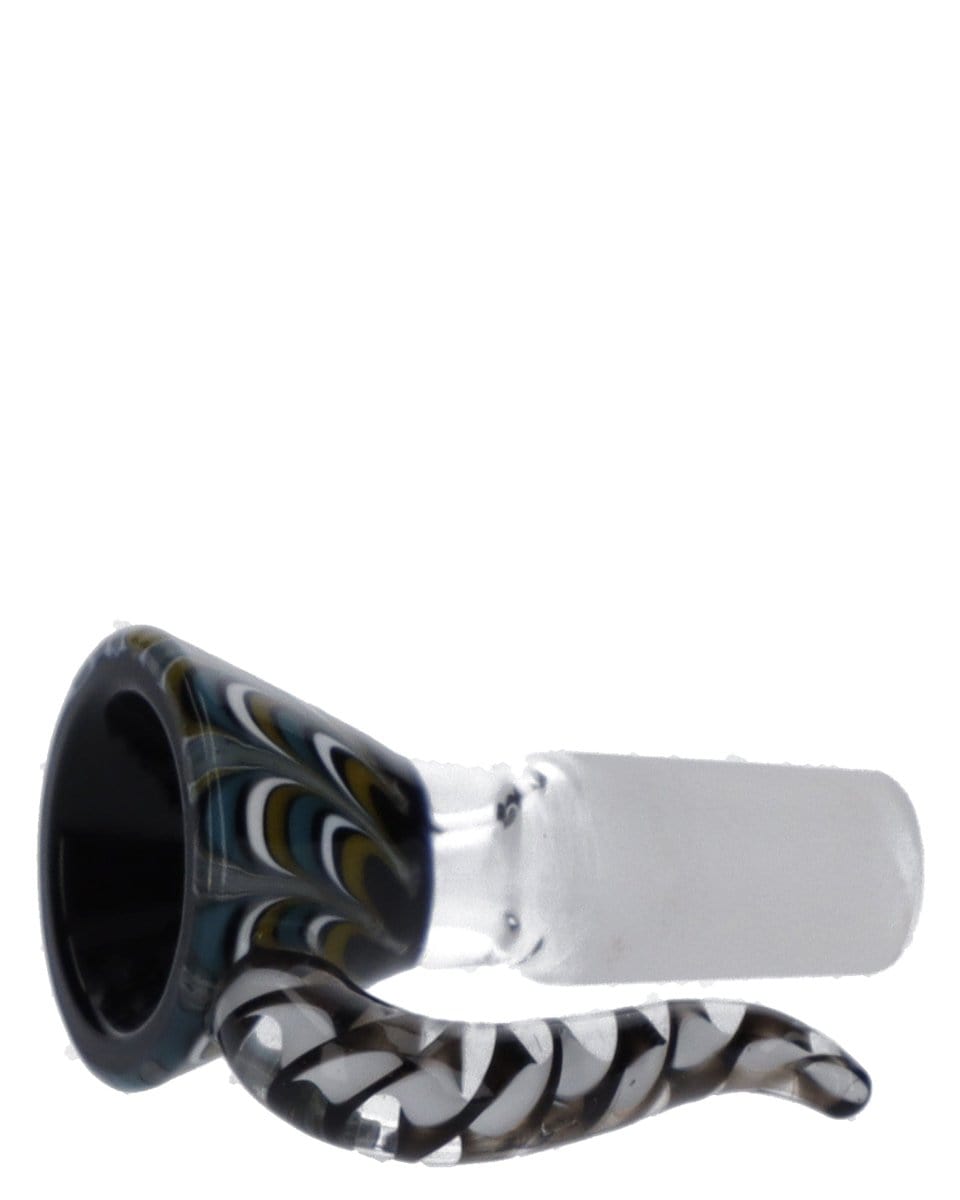 A close-up view of the 14mm Male Wig Wag Funnel Bowl, showcasing its patterned glass and funnel shape.