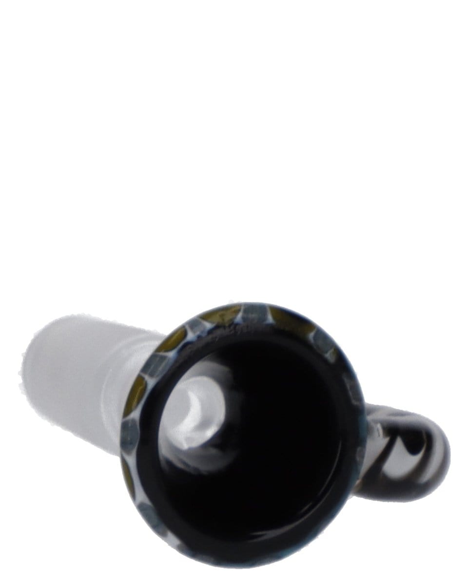 A close-up view of the 14mm Male Wig Wag Funnel Bowl, showcasing its dark glass and funnel shape against a plain white background.
