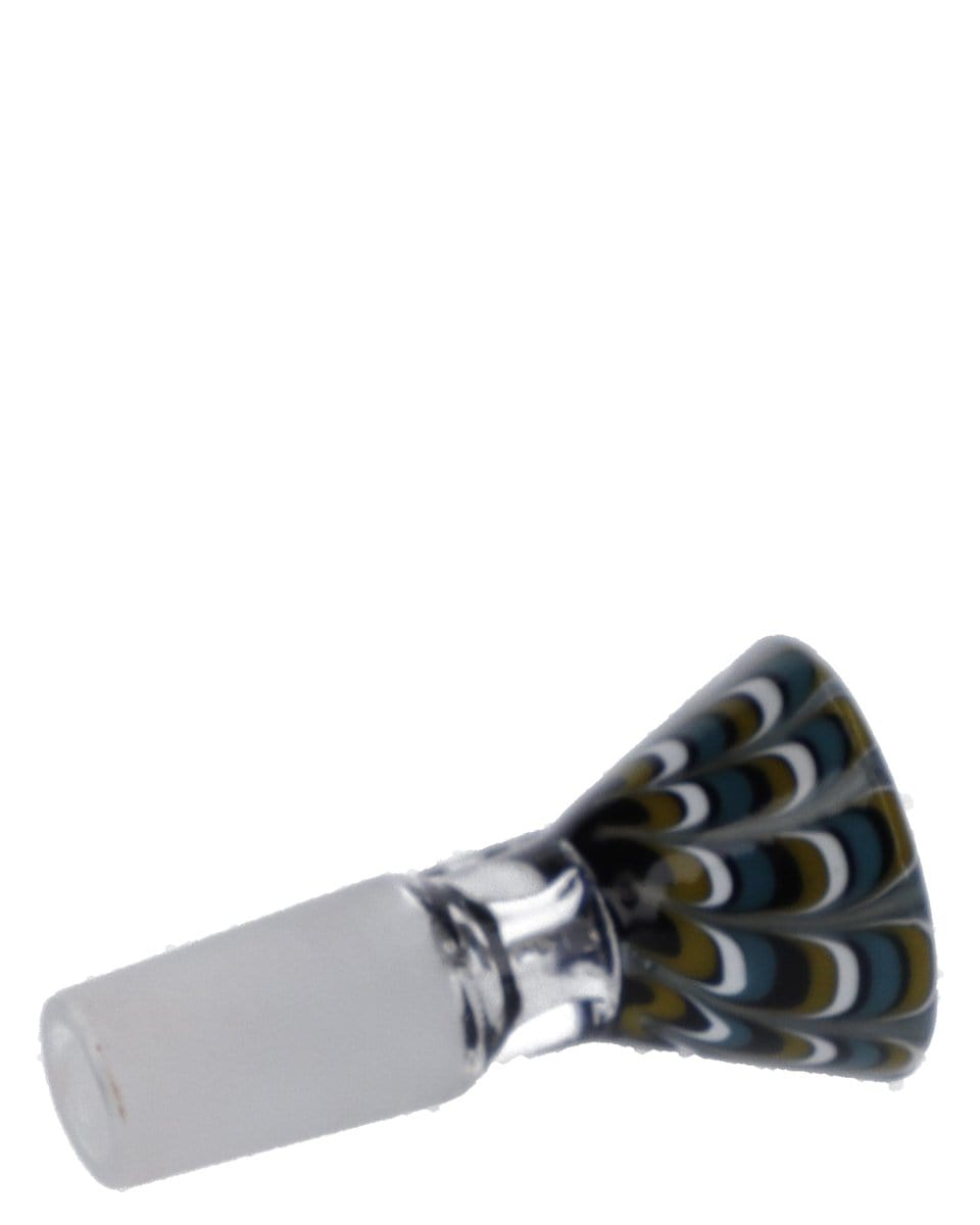 A close-up view of the 14mm Male Wig Wag Funnel Bowl, showcasing its patterned glass and angled funnel shape.