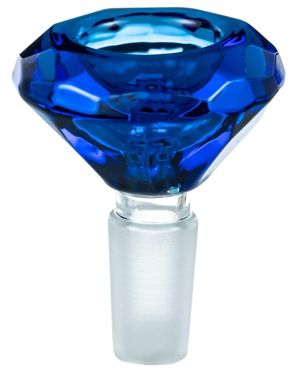 A front view of the Diamond Bowl, a blue glass piece with a rounded shape and smooth finish.