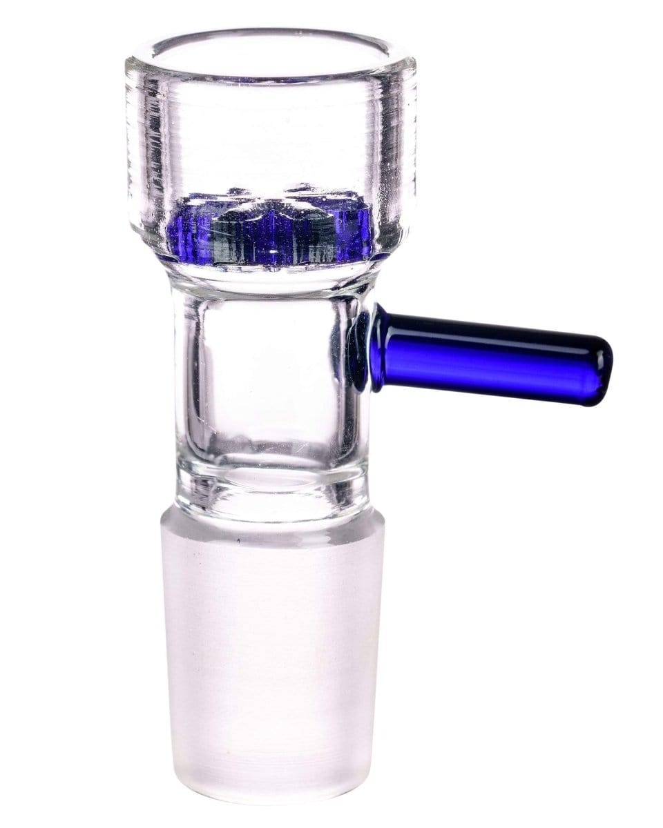 Close-up of the Screen Bowl, showcasing the clear glass construction and a blue accent on the stem.