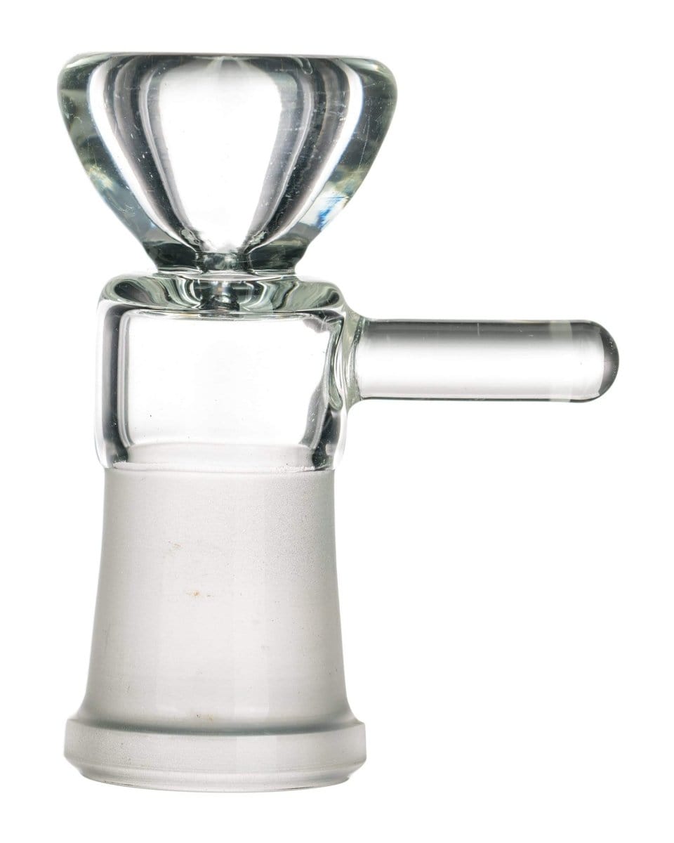 A close-up, angled view of the Female Pinch Bowl, showing its clear glass construction and simple, rounded design.