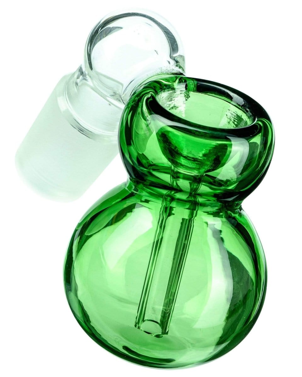 Front view of the Ashcatcher Bowl, a clear glass piece with a rounded shape and visible joint for attachment.