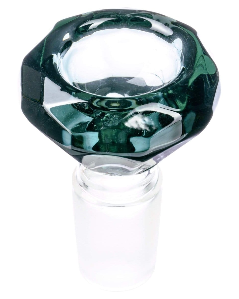 A close-up, angled view of the Diamond Bowl, showcasing its faceted glass design and smooth, rounded shape.