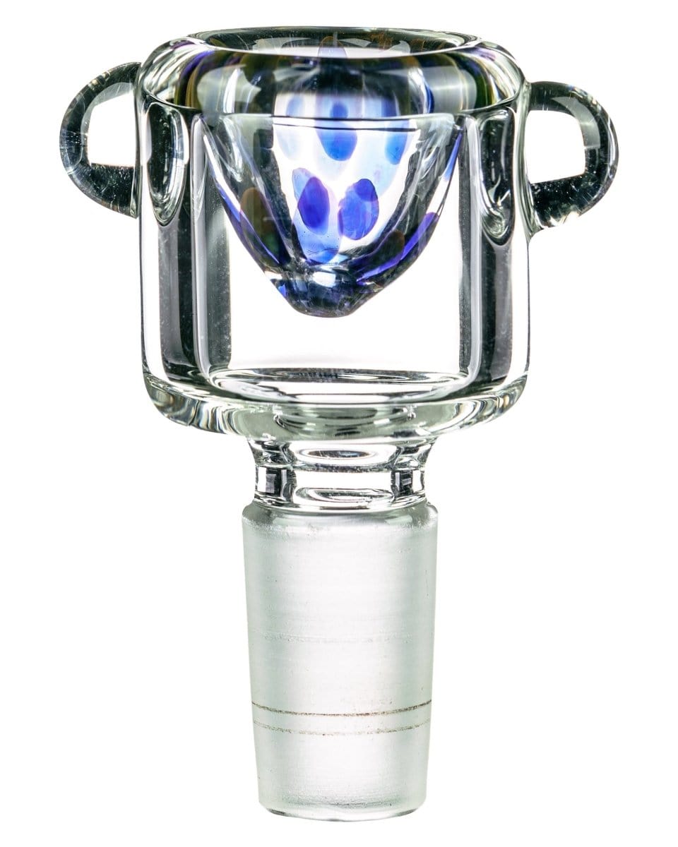 Front view of the Spotted Bubble Bowl, a clear glass bowl with a patterned, rounded shape and visible joint connection.