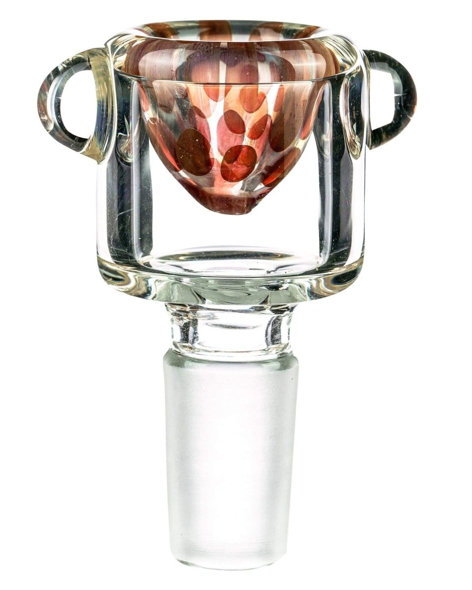 A close-up, angled view of the Spotted Bubble Bowl, showing its transparent glass construction and rounded shape.