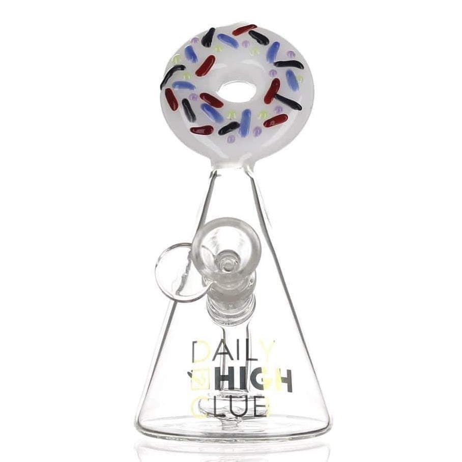 Front view of the DHC Originals "Frosted Donut" Bong, with a colorful, frosted donut-shaped accent on the clear glass neck.