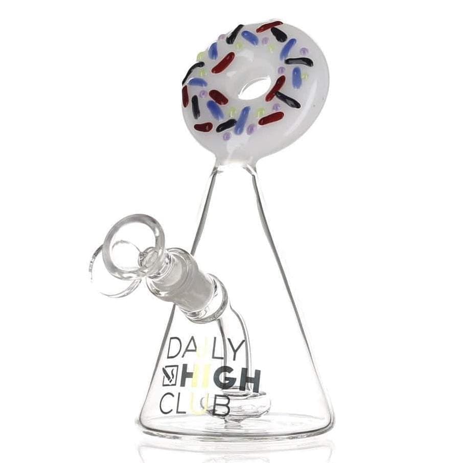 A slightly angled view of the DHC Originals "Frosted Donut" Bong, showing the colorful, frosted donut-shaped chamber and clear glass base.