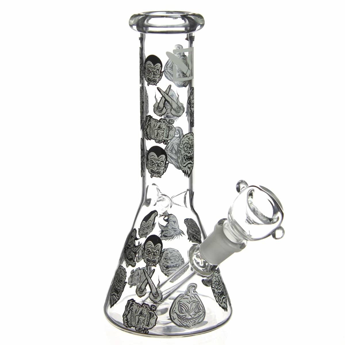 Front view of the DHC Originals "Monster Mash Beaker" bong, displaying a clear glass beaker with monster-themed artwork.
