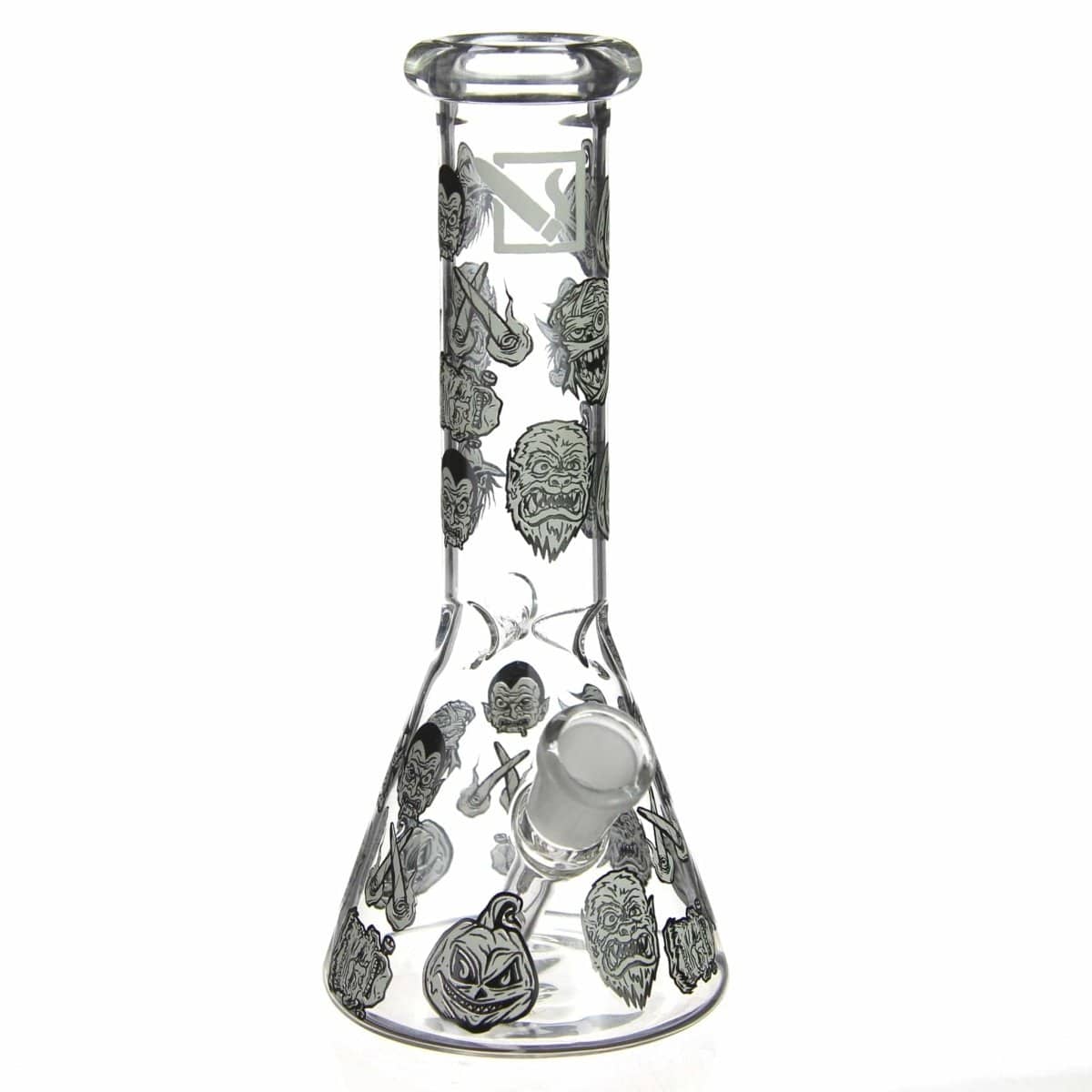 Front view of the DHC Originals "Monster Mash Beaker" Bong, a clear glass beaker with spooky monster illustrations.