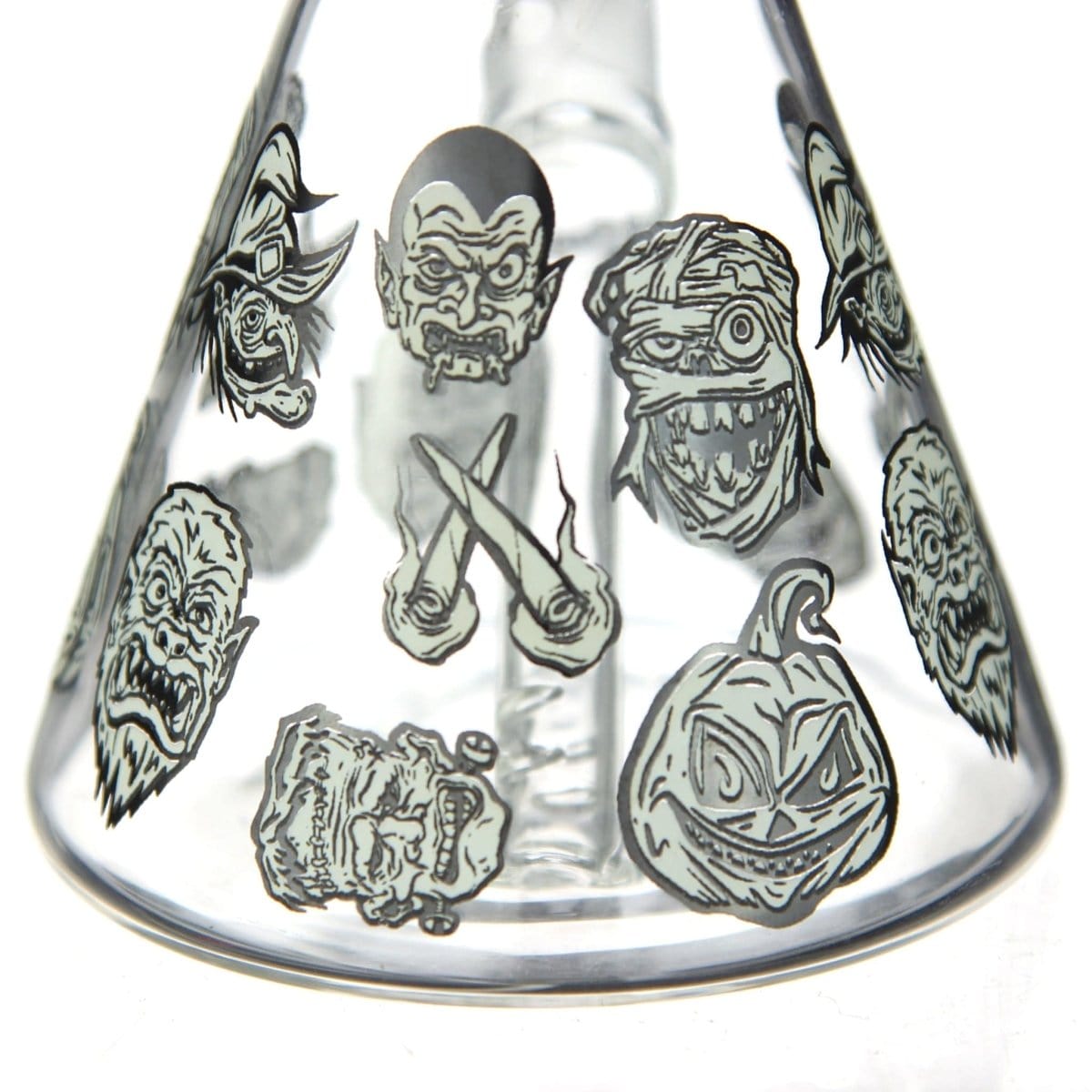 Front view of the DHC Originals "Monster Mash Beaker" bong, showcasing monster-themed illustrations on clear glass.