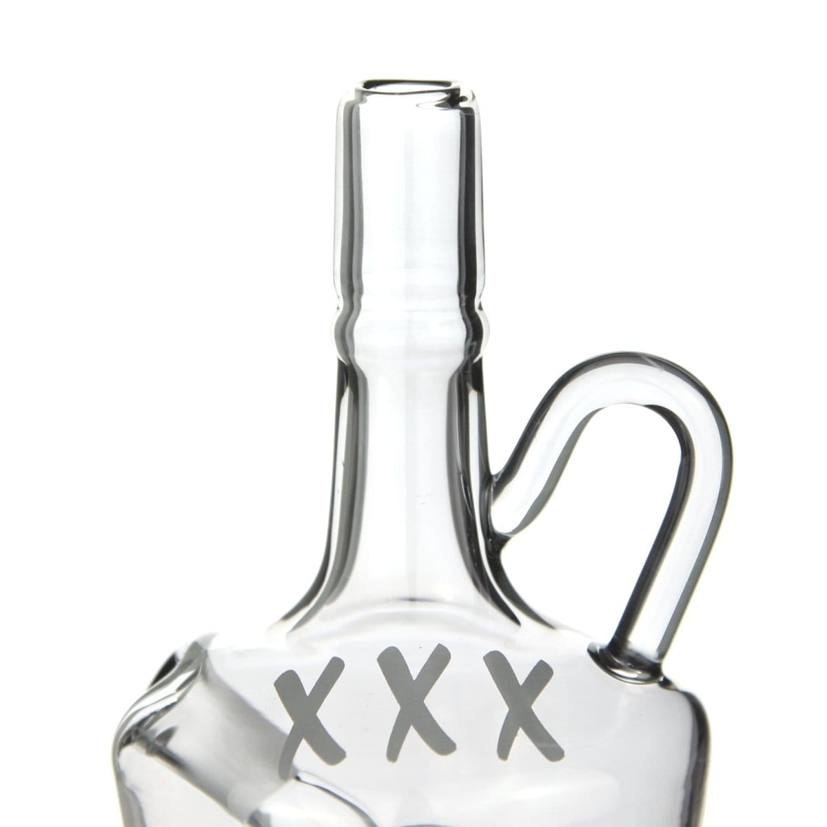 A studio shot of the DHC Originals "Moonshine Jug" Bong, showcasing its clear glass construction and unique jug-like shape.