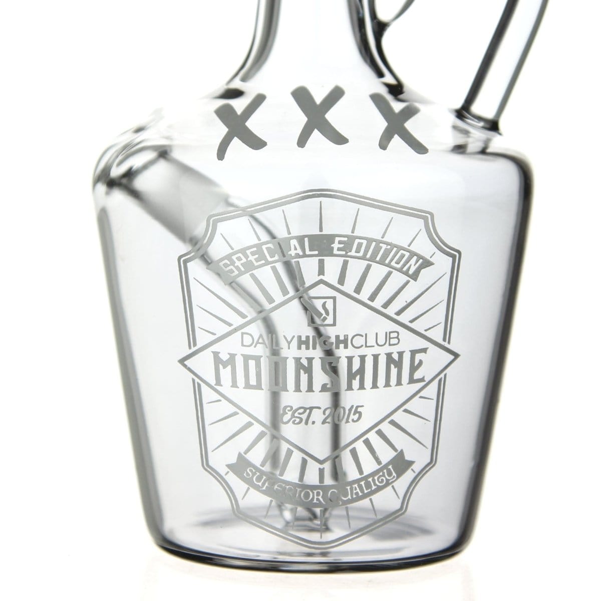 A front view of the DHC Originals "Moonshine Jug" Bong, showcasing its clear glass jug shape and joint detail.