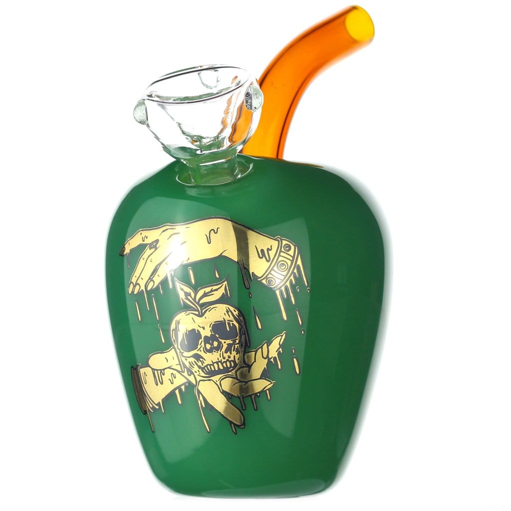 Front view of the DHC Originals "Poisonous Apple" Bong, a vibrant green glass piece with an orange accent.