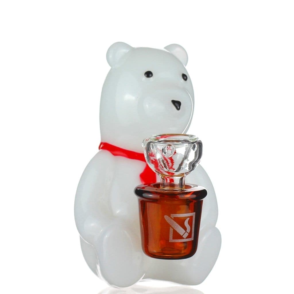 Front view of the DHC Originals "Snowy Freed" Bong, a white sculpted glass piece resembling a bear.