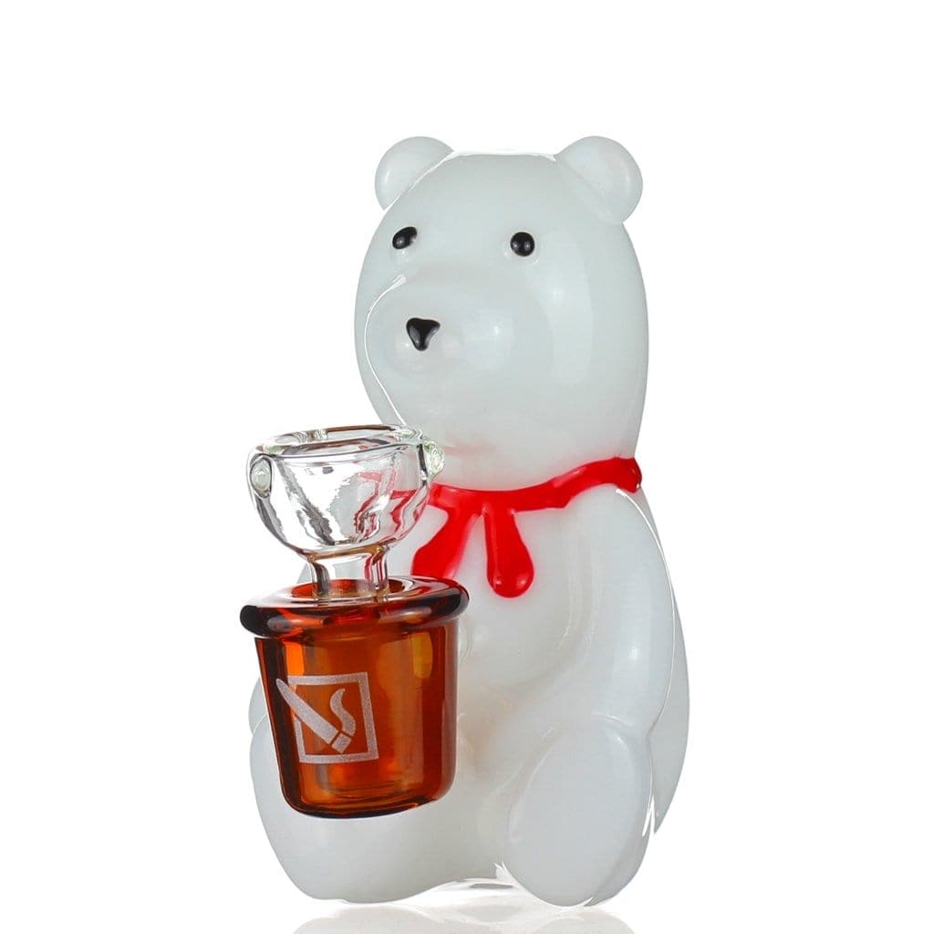 Front view of the DHC Originals “Snowy Freed” Bong, a white sculptural piece resembling a bear with a clear glass bowl.