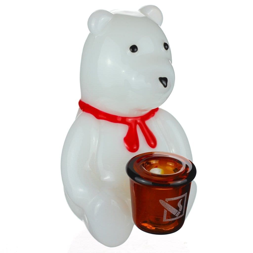 Front view of the DHC Originals "Snowy Freed" Bong, a white sculptural piece with a red neck scarf and clear glass bowl.